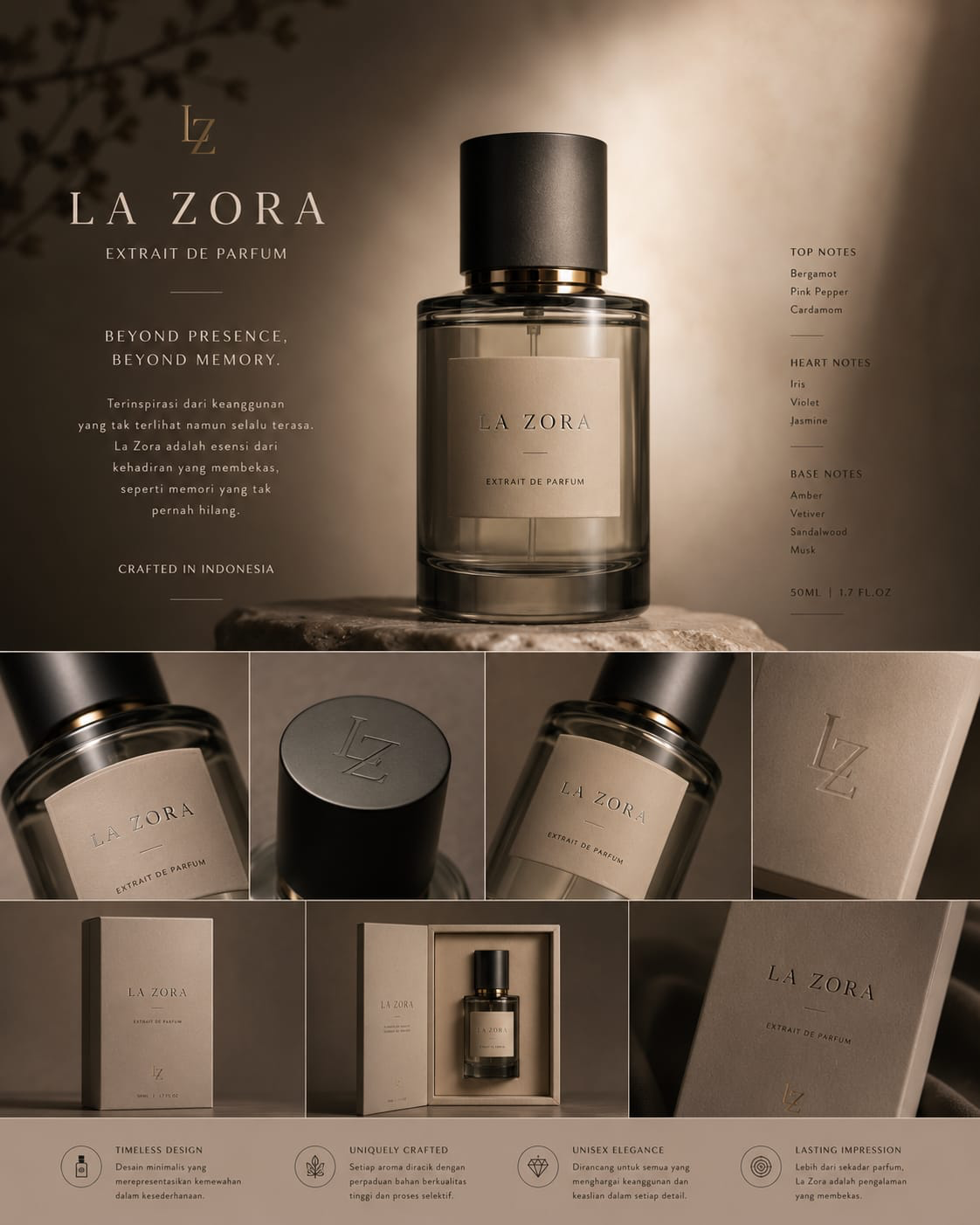 La Zora Extrait de Parfum dalam nuansa cokelat hangat dan emas